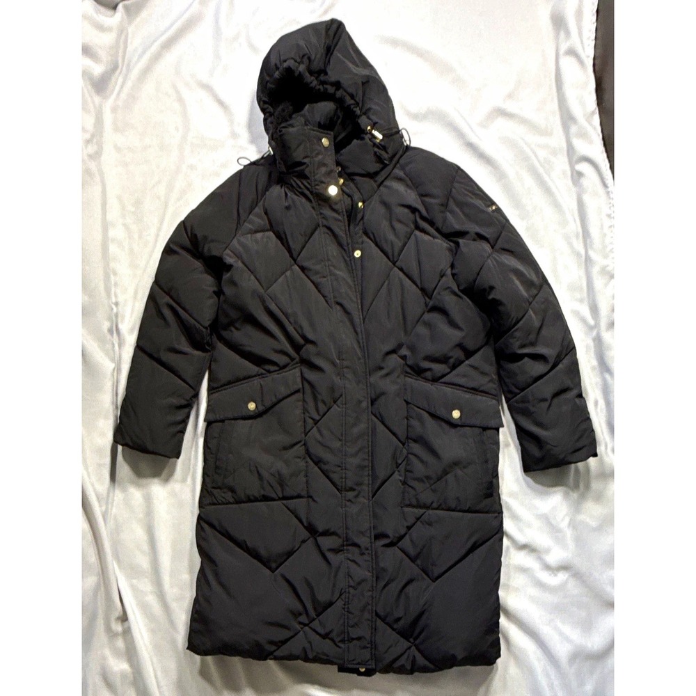 Donna Karan New York DKNY Women's Black Hooded Long Puffer Coat Quilted M